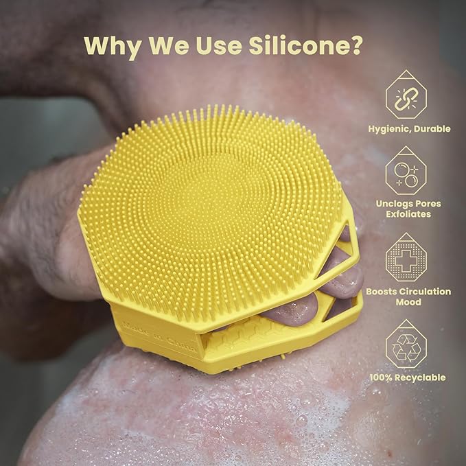 iTokGoK® Premium Silver-Infused Double-Sided Design 2-in-1 Silicone Body Scrubber for Men,Body Buffer Scrubber for Sensitive Skin, Ergonomic No-Slip Handle, Long-Lasting & Easy to Clean - Yellow