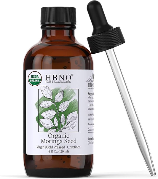 HBNO California Bottled Organic Moringa Oil 4 fl oz (120ml) Value Size - USDA Certified Organic Moringa Oil, Cold Pressed Carrier Oil for Face, Body, Lips, Nails, Shampoo & Conditioner