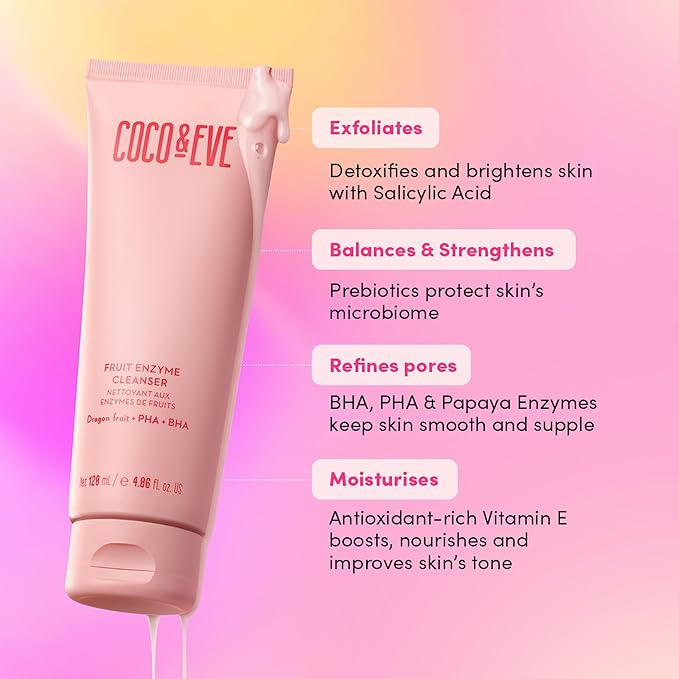 Coco & Eve Fruit Enzyme Cleanser. Water Based Gentle cleanser for Radiant Complexion. Refines Pores, Exfoliates and Moistuizes Skin. BHA, Prebiotic, Papaya Enzyme & Vitamin E (4.06 fl oz)