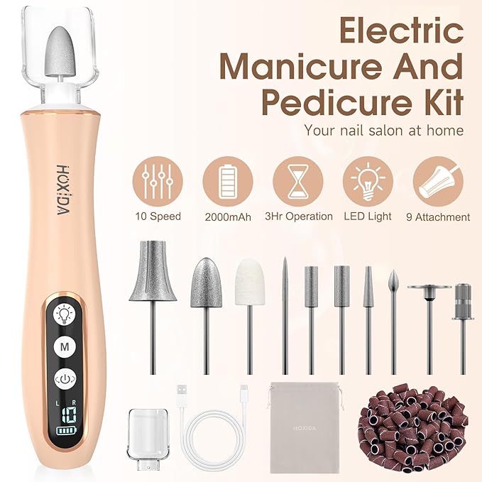 Professional Manicure Pedicure Kit with 360° LED Light&10 Speeds&Memory Mode with Case, Cordless Electric Nail Drill, Pedicure Tools for feet,Hand Foot Care Nail File for Thick Nail Toenail Cuticle