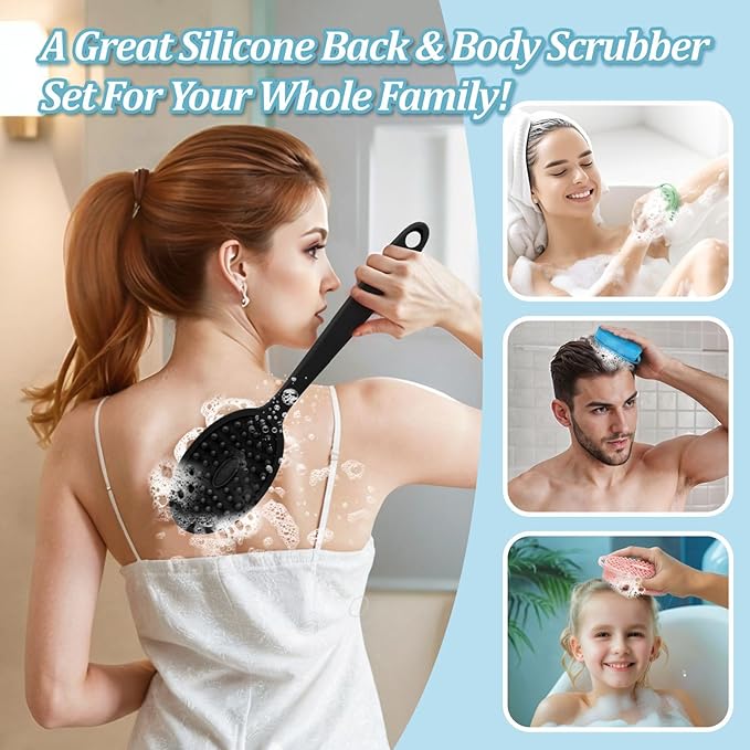 Silicone Back/Body/Face Scrubber & Soft Bath Glove Set 4PCS, Gentle Exfoliating Back & Body Scrubber with Dual-Side Brush Head, Hand-fit Bath Glove & Face Scrubber for Deep Cleaning(Black-4PC)