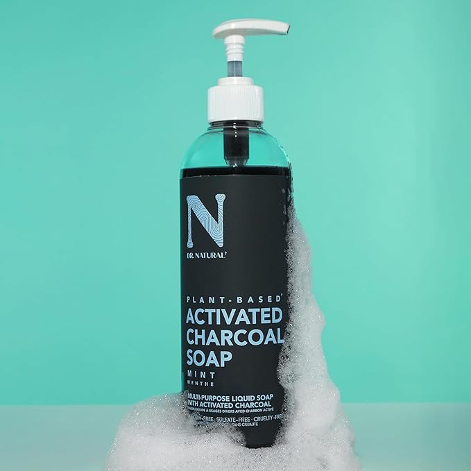 Dr. Natural Activated Charcoal Liquid Soap - Combat Acne and Blemishes - Deep Cleansing Body Wash - Gentle Body Soap for Clear Skin - Mint - 16 oz..