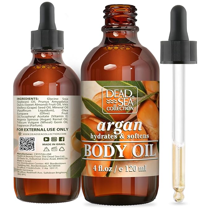 Dead Sea Collection Body Oil with Argan - Dry Skin Moisturizer and Hydrating Massage - Nourishing Bath Oil - Increase Skin Elasticity and Provide Anti-Aging Support for Face and Body (4 fl.oz)