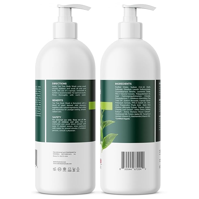 Tea Tree Oil Body Wash, Cleanses & Relieves Itchy Skin, Soothes Jock Itch, Acne & Ringworm, Shower Gel for Dry and Sensitive Skin, Women & Men, Organic & Natural, 16 fl oz, 2-Pack