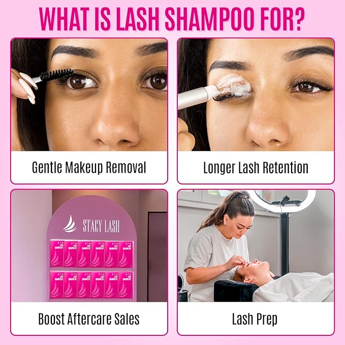 STACY LASH Lash Shampoo Kit Foaming Cleanser with Eye Lash Spoolies & Rinse Bottle & Cleansing Pad & Brush for Eyelash Extensions & Clusters & Natural Eyelashes
