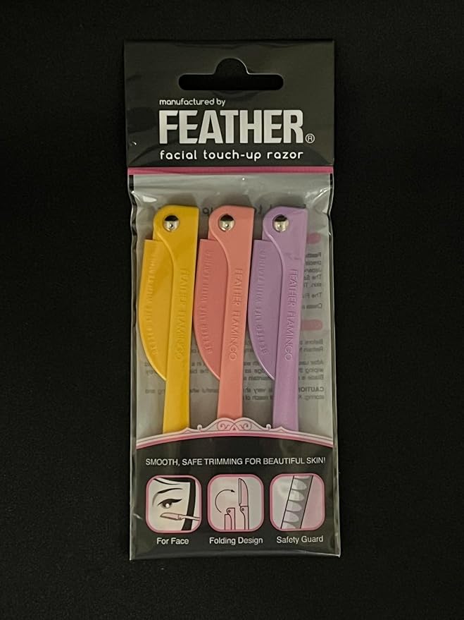 Feather Flamingo Facial Touch Up Stainless Steel Razor for Eyebrow and Face Hair Removal - 3 Pack | Foldable and Long-Lasting