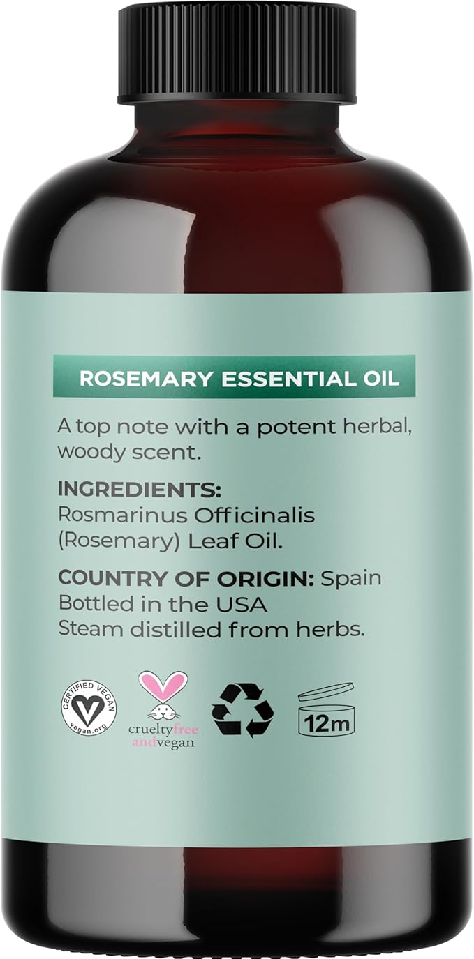 Pure Rosemary Essential Oil with Dropper - Undiluted Rosemary Oil for Hair Skin and Nails and Refreshing Aromatherapy Oil for Diffusers - Essential Oil for Cleansing Dry Scalp Care 4oz