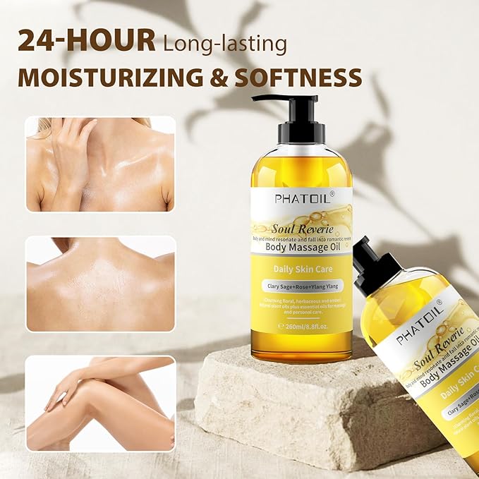 260ML YlangYlang Body Massage Oil for with Clary Sage and Rose Oil, Large Bottle Body & Facial Oil for Nourishing Skin, Muscle, Scented Body Oil for After Shower(8.8FL.OZ)