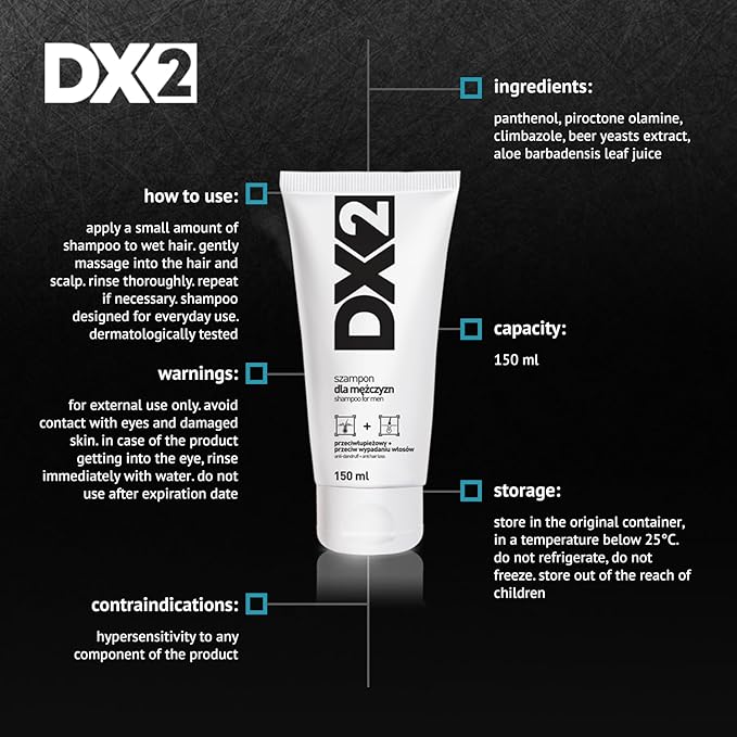 DX2 - Anti-Dandruff + Anti Hair-Loss Shampoo for Men - Double-Action Formula, Eliminates Dandruff and Hair Loss, Everyday Use - 150ml
