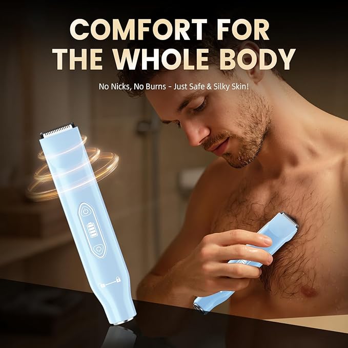Body Hair Trimmer for Men，3 in 1 Electric Razor with Ceramic Blades, IPX7 Waterproof, USB Rechargeable, Painless Hair Removal for Face，Body，Nose，Groin, Travel Grooming Kit (Blue)