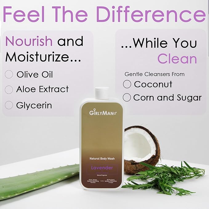 GirlyMan Natural Body Wash - Made with Olive Oil & Aloe Extract, No Artificial Fragrance, PH Balanced, Gentle Formula, Nourishing Ingredients, Family Owned (Lavender)