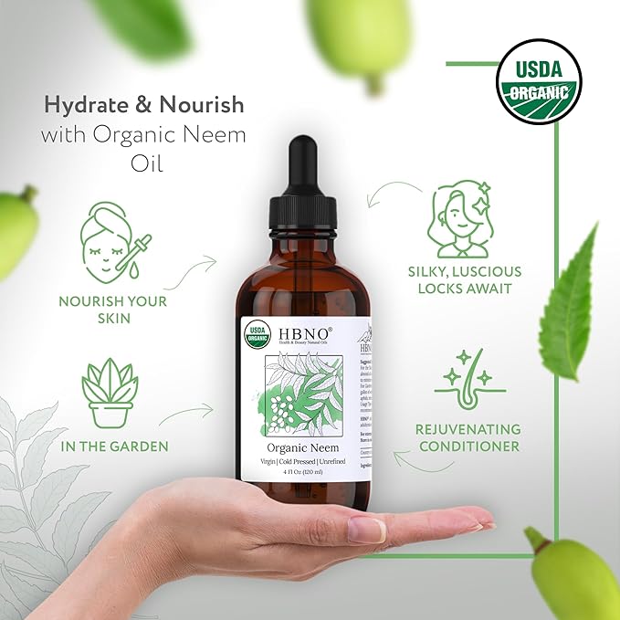 HBNO Organic Neem Oil - 4 oz (120ml) Value Size - Ideal for Face wash, Lotions, Skincare, and Hair Care Products (Glass Bottle)