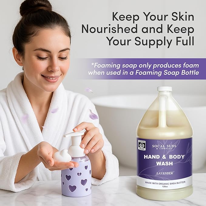 SoCal Suds & Company 128oz Certified Organic Hand & Body Wash w/Shea Butter- Gentle Natural Body,Baby & Face Wash for Sensitive Skin, Moisturizing Thick Castile Soap, Hand Soap and More - Lavender