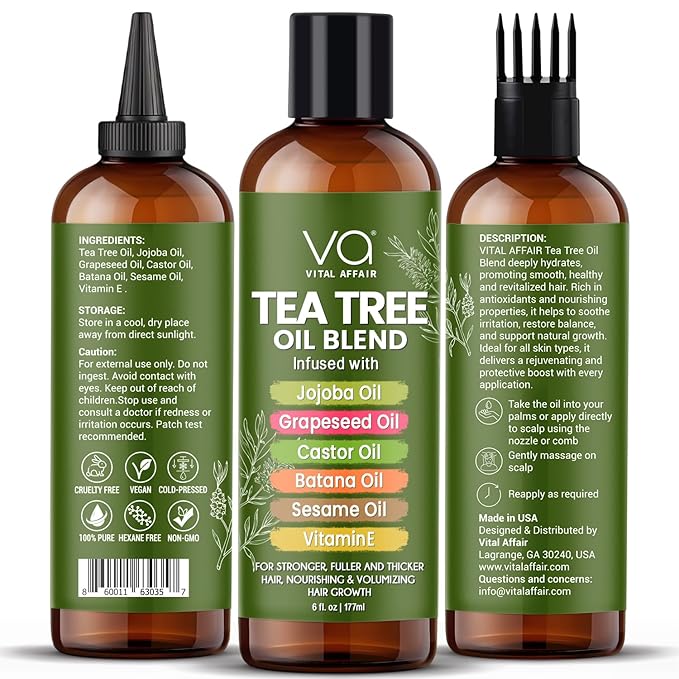 Tea Tree Oil For Hair With Jojoba, Castor, Batana Oil - Tea Tree Hair And Scalp Treatment - Hair Oil For Dandruff - Helps Strengthen, Volumize & Promotes Hair Growth - 6 Fl Oz