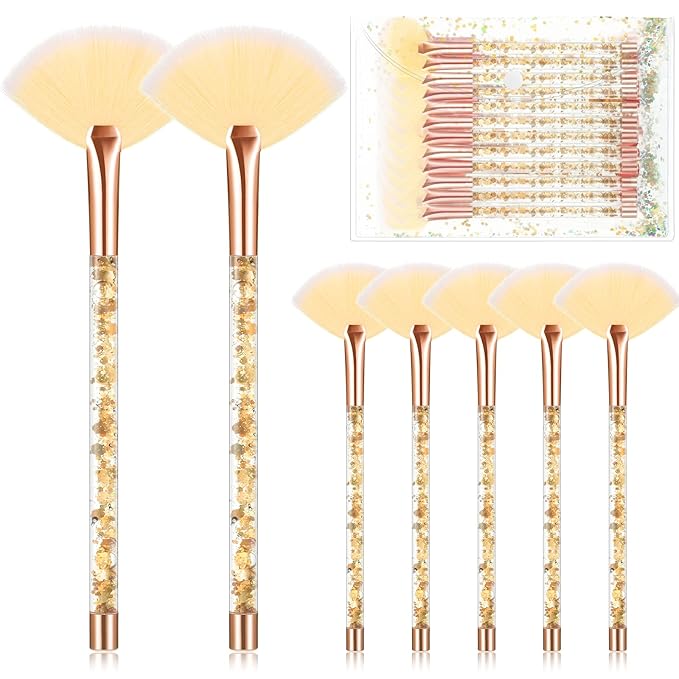 12 Pcs Fan Brushes for Facial Mask Brushes with Glitter Quicksand Handle Cosmetic Facial Fan Brush Soft Facial Mask Brush Applicator Facial Peel Applicator Face Mask Tools with Pouch (Gold)