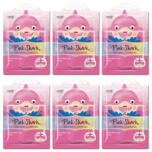 Epielle Animal Character Sheet Masks Pink Shark 6 Pack, Moisturizing Face Mask Skincare Set with Hyaluronic Acid & Aloe, Girls Spa Party Favors, Sleepover, Self Care Gifts for Women, Korean Skin Care
