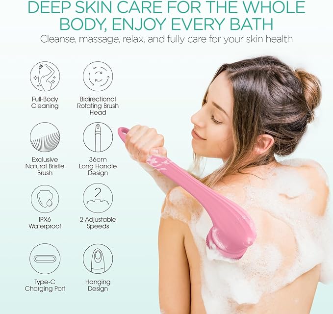 VOYOR Electric Body Brush Back Scrubber Silicone Body Scrubber Two-Way Rotating Brush Head for Deep Cleaning, Exfoliation, 4 Attachments Long Handle IPX6 Rechargeable Shower Brush BC300 (Pink)