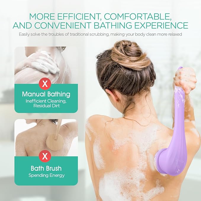 VOYOR Electric Body Brush Back Scrubber Silicone Body Scrubber Two-Way Rotating Brush Head for Deep Cleaning, Exfoliation, 4 Attachments Long Handle IPX6 Rechargeable Shower Brush BC300 (Purple)