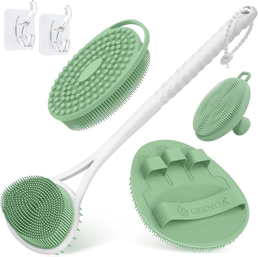 Silicone Back Body Face Scrubbers Set 4PCS, 15.35’’ Back Scrubber Soft Body Scrubber for Dual-Side Usage, Easy-to-Hold Soft Bath Glove & Face Scrubber for Good Foaming Deep Cleaning(Green)
