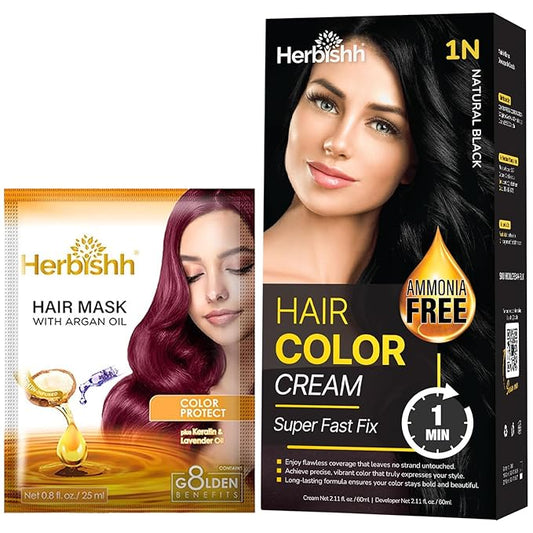 Black Rapid Infusion Hair Color Cream, Permanent Hair Dye in One Minute with Comb Applicator and Argan Oil Deep Conditioning Hair Mask 0.8 FL OZ Combo Pack