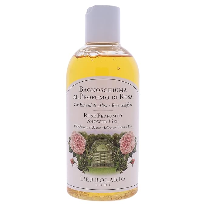 L'Erbolario Perfumed Shower Gel – Soothing Body Soap with Marsh Mallow – Protecting and Toning Body Wash with Amber Floral Fragrance - Rose - 8.4 oz