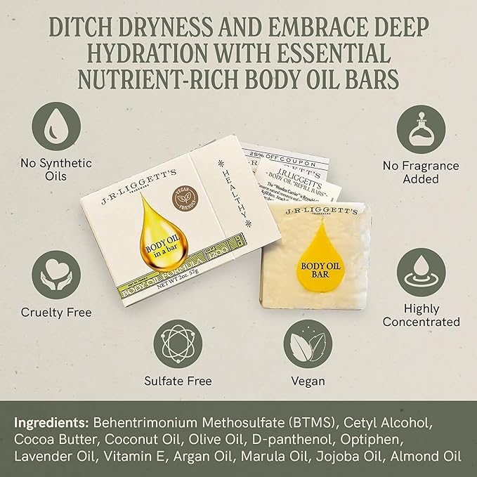 J.R.LIGGETT’S Body Oil Formula - Luxurious and Moisturizing Body Bar - Plant-Based Hydrating Bar for Face and Body - Nourishing Oil Ideal for Dull and Dry Skin - 3-Pack