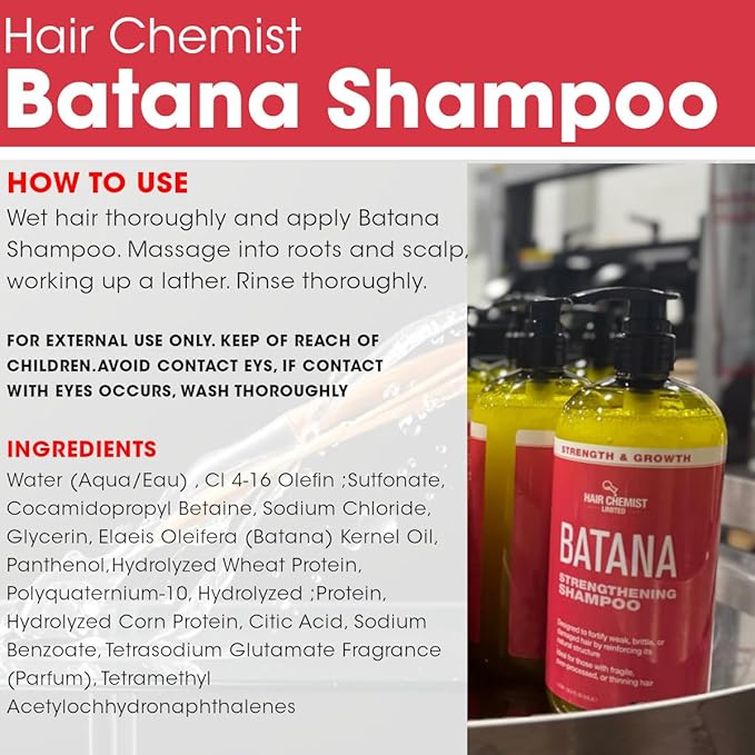 Hair Chemist Batana Strengthening Large Shampoo, Conditioner and Hair Oil Set (3-PC SET) - Batana Shampoo and Conditioner for Hair Growth, Thickening and Strength, Batana Hair Oil