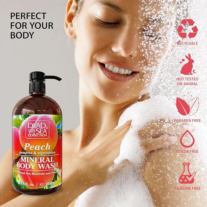 Dead Sea Collection Peach Body Wash for Women and Men - with Pure Dead Sea Minerals and Peach Extract - Cleanses and Moisturizes Skin - Pack of 2 (67.6 fl. oz)