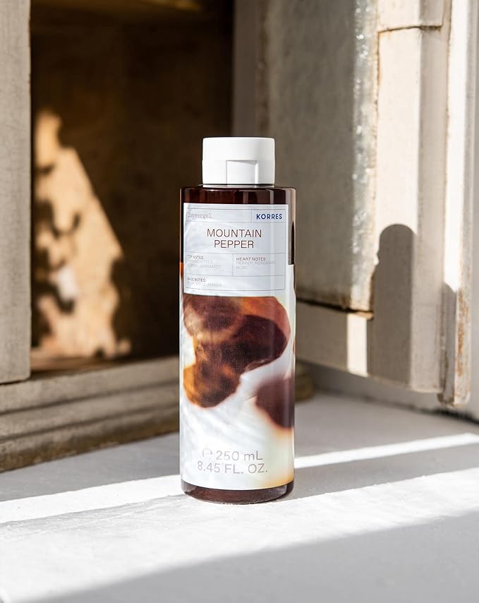 KORRES Cleanse + Hydrate Shower Gel, Mountain Pepper Bergamot & Coriander Fragrance, Foaming Body Wash with Aloe Vera & Wheat Proteins, Maintains Skin’s Natural Moisture for a Supple Feel, 8.45 Fl Oz