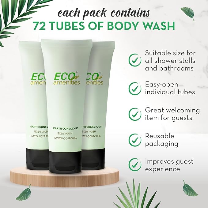 ECO amenities Body Wash Tubes - 1 fl oz, Pack of 72 - Green Tea Travel Toiletries & Exfoliating Shower Gel - Liquid Soap Body Wash - Cruelty-Free Bulk Toiletries