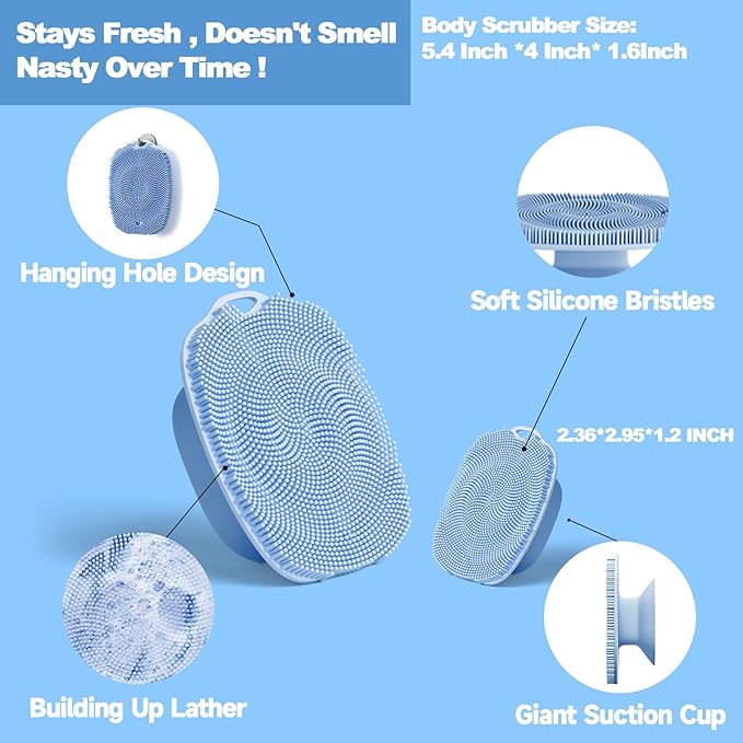 Soft Silicone Body Scrubber Gentle Like a Hand Exfoliating Your Skin and Build Up Lather, Back Large Suction Cup Easy to Store, & Deep Clean (Body Scrubber + Face Scrubber Blue)