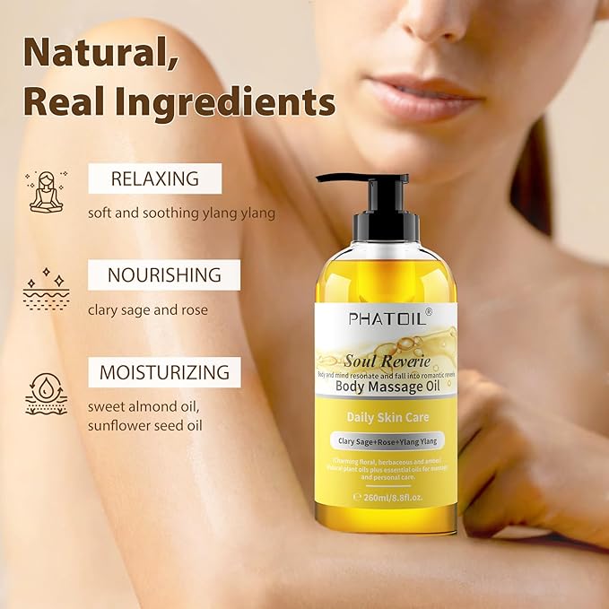 260ML YlangYlang Body Massage Oil for with Clary Sage and Rose Oil, Large Bottle Body & Facial Oil for Nourishing Skin, Muscle, Scented Body Oil for After Shower(8.8FL.OZ)