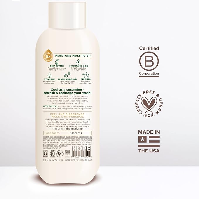 Soapbox Cucumber + Yuzu Lemon Body Wash for Women, Men, Vegan + Antioxidant Rich, Soothing, Moisturizing Soap with Shea Butter, Peptides & Keratin Promoting B3, 3 Pack, 20oz Each