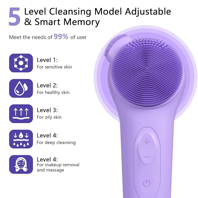 Silicone Face Scrubber, Waterproof Rechargeable Facial Cleansing Brush, 5 Cleansing Modes with Nose Brush for Women & Men Electric Face Wash Brush for Deep Cleaning Exfoliating, Massaging Purple