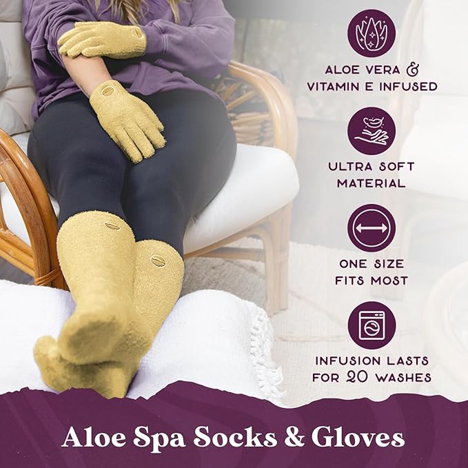 Purple Canyon Moisturizing Socks & Gloves and Heel Balm Foot Care Kit | Yellow Socks and Gloves Infused with Aloe Vera and Vitamin E | Cracked Heel Treatment for Self Care