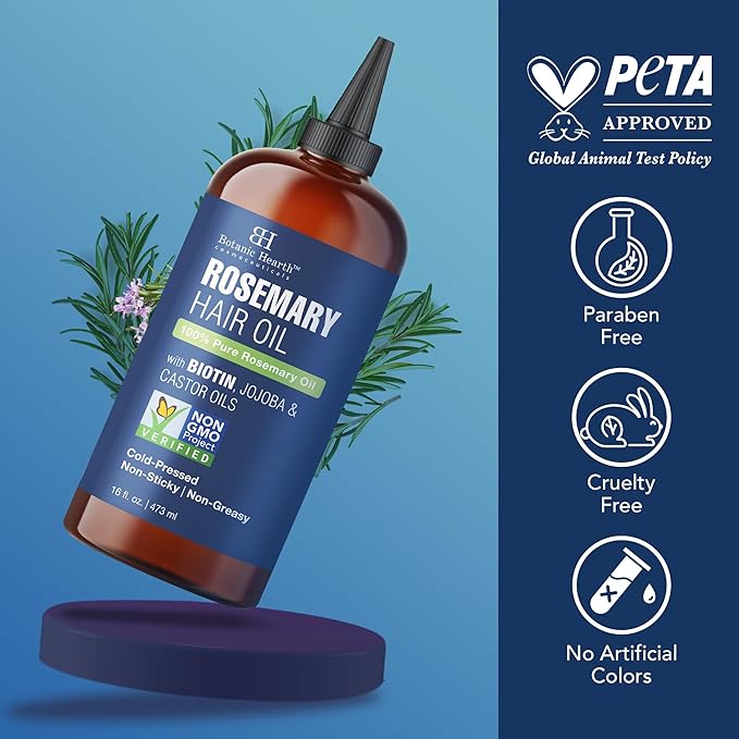 Botanic Hearth Rosemary Hair Oil with Biotin, Jojoba & Castor Oils – 100% Pure Cold-Pressed Rosemary Oil for Hair Growth, Scalp Massage & Nourishment – 16 fl oz with Scalp Massager - Hair Tonic