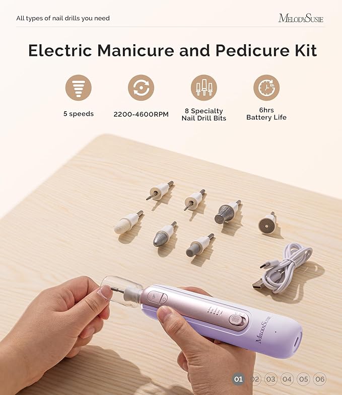 MelodySusie Professional Manicure Pedicure Kit,8-in-1 Electric Nail Drill Set with 5 Speeds,Rechargeable Cordless E-File with 360° LED Light,Perfect Hand Foot Care Trimmer Polish Tools - PC760G