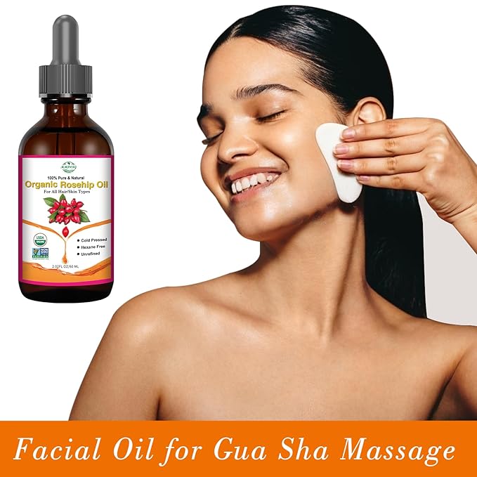 Rosehip Seed Oil for Face (2 oz/60 ml) USDA Certified Organic 100% Pure Natural Cold Pressed Unrefined Rosehip Oil for Skin Anti-Aging, Scar, Hair Moisturizer, Gua Sha Massage, Nails