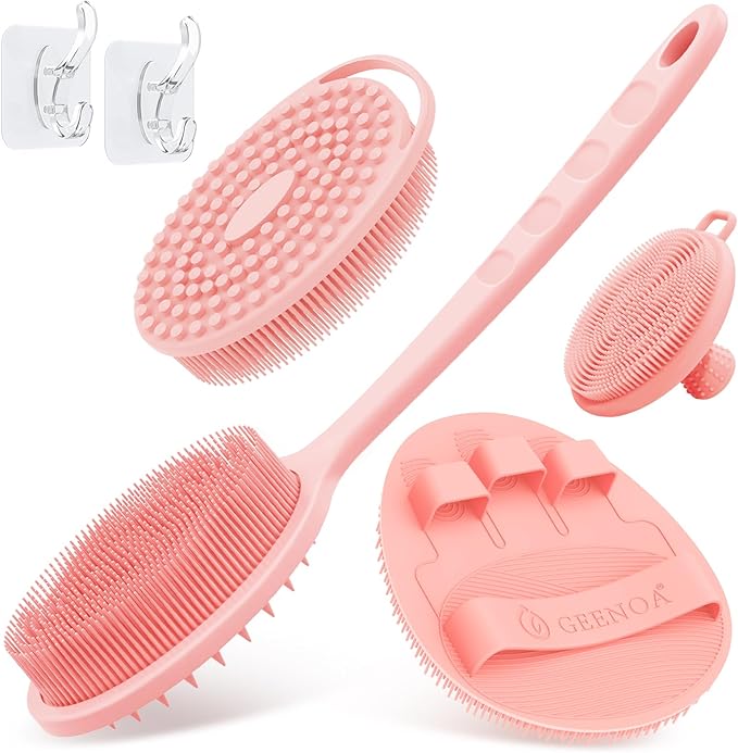 Silicone Back/Body/Face Scrubber & Soft Bath Glove Set 4PCS, Gentle Exfoliating Back & Body Scrubber with Dual-Side Brush Head, Hand-fit Bath Glove & Face Scrubber for Deep Cleaning(Pink-4PC)