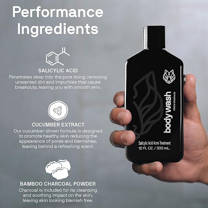 Black Wolf Salicylic Acid Body Wash for Men - 10 Fl Oz, 2-Pack - Men's Acne Body Wash - Charcoal Helps Reduce Acne Breakouts & Cleanse Your Skin - Full Coverage & Deep Clean Treatment - Men's Bodywash