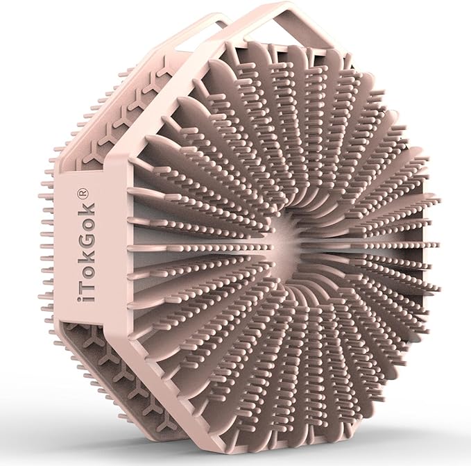 iTokGoK® Silver-Infused 2-in-1 Silicone Body Scrubber, Double-Sided Design Body Brush Scrubber Exfoliating Brushes for Sensitive Skin for Showering for Women Silicone Loofah- Sand Pink