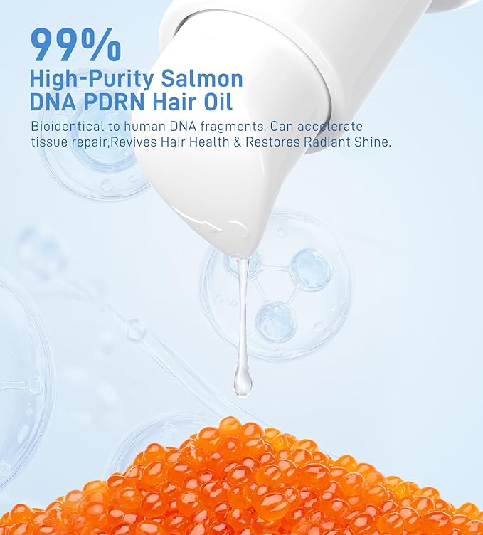 Salmon DNA PDRN Hair Oil, Deep Repair for Dry, Damaged Hair, Heat Protectant for Frizz Control, Smoothness & Shine, Lightweight Argan, Jojoba & Squalane Oil, Fragrance-Free,2.03 fl.oz