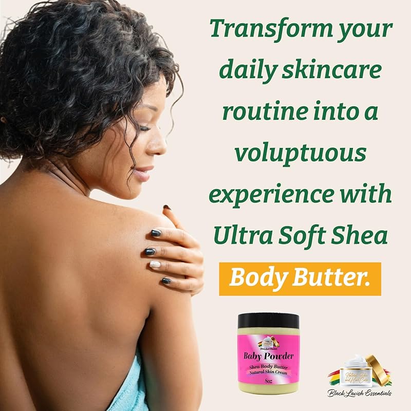 Ultra-Soft Shea Body Butter, Dry Skin Cream for Radiant Moisturized Skin, Natural Hydrating Body Lotion with Aloe Vera, Argan Oil, Rosehip Oil, (Baby Powder, 8oz)