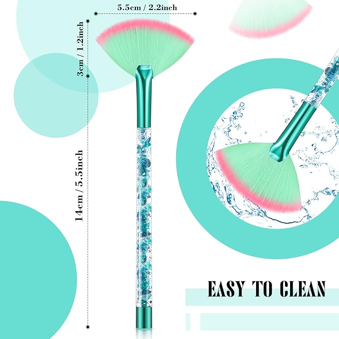 12 Pcs Fan Brushes for Facial Mask & Peel Applicator - Soft Cosmetic Facial Brushes with Glitter Quicksand Handle - Face Mask Tools with Pouch (Green)