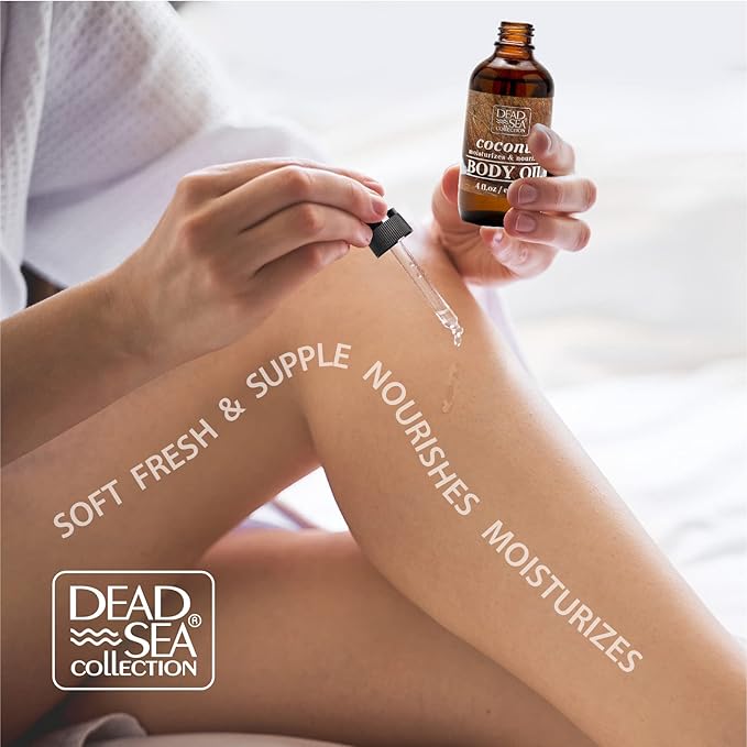 Dead Sea Collection Body Oil with Coconut - Dry Skin Moisturizer and Hydrating Massage Oil - Nourishing Bath - Increase Skin Elasticity and Provide Anti-Aging Support for Face and Body (4 fl.oz)