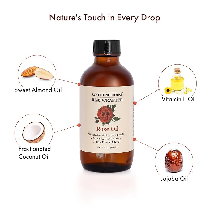 Rose Body Oil, Moisturizing Body Oil for Soft Skin and Dry Skin With Jojoba, Olive, Vitamin E & Rose Oil, 4 oz