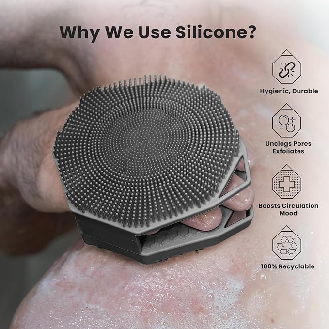 iTokGoK® Premium Silver-Infused 2-in-1 Silicone Body Scrubber, Double-Sided Design Body Brush Body Scrubber Exfoliating Body Brushes forSensitive Skin for Showering, Silicone Loofah - Gray