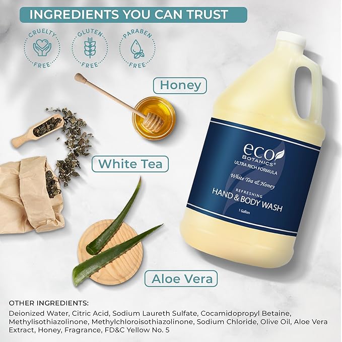 1-Shoppe Terra Pure Eco Botanics Natural Hand & Body Wash with Raw Honey & White Tea | Gallon Jug Bulk Toiletries for Airbnb, Vacation Rentals, and Home Bathroom| Refill For Soap Dispensers | Set Of 4