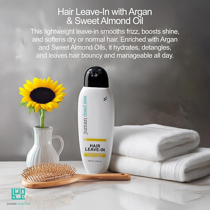 Juman Dead Sea Leave-in Conditioner | Protects & Restore Hair Softness | Enriched with Essential Argan & Sweet Almond Oil | Moisturizing Conditioner | For Normal & Dry Hair Types | 13.5 Ounce