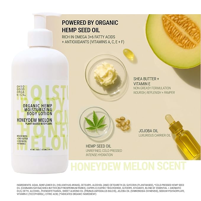 Organic Hemp Moisturizing Body Lotion, Body Lotion for Extremely Dry Skin, Hemp Lotion for Women and Men, Hemp Cream for Hands and Body, Honeydew Melon Scent, 16 fl oz.